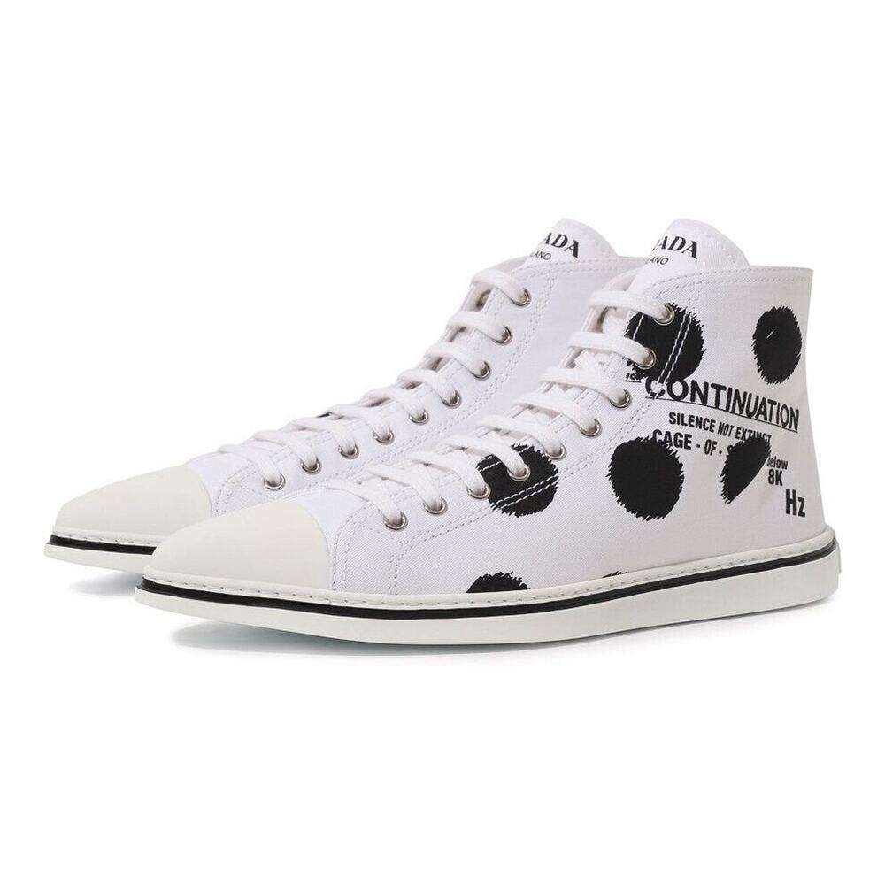 PRADA 1T618M WHITE BLACK POLKA CANVAS LOGO POINTY CAP HIGH TOP SNEAKERS 38 ITALY